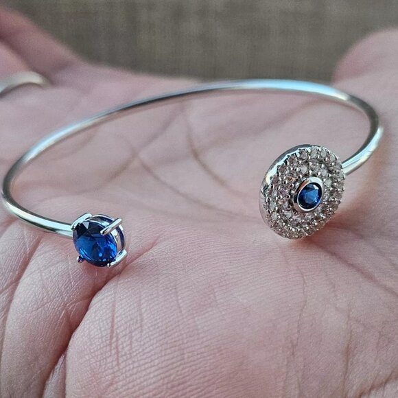 925 Sterling Silver Bracelet Blue Faux Stone Crystal Accent Cuff Wrist Band New - Picture 8 of 12